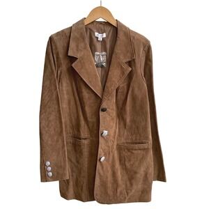 denim & co Womens Brown Suede Blazer‎ Jacket Single Button Genuine Leather Large